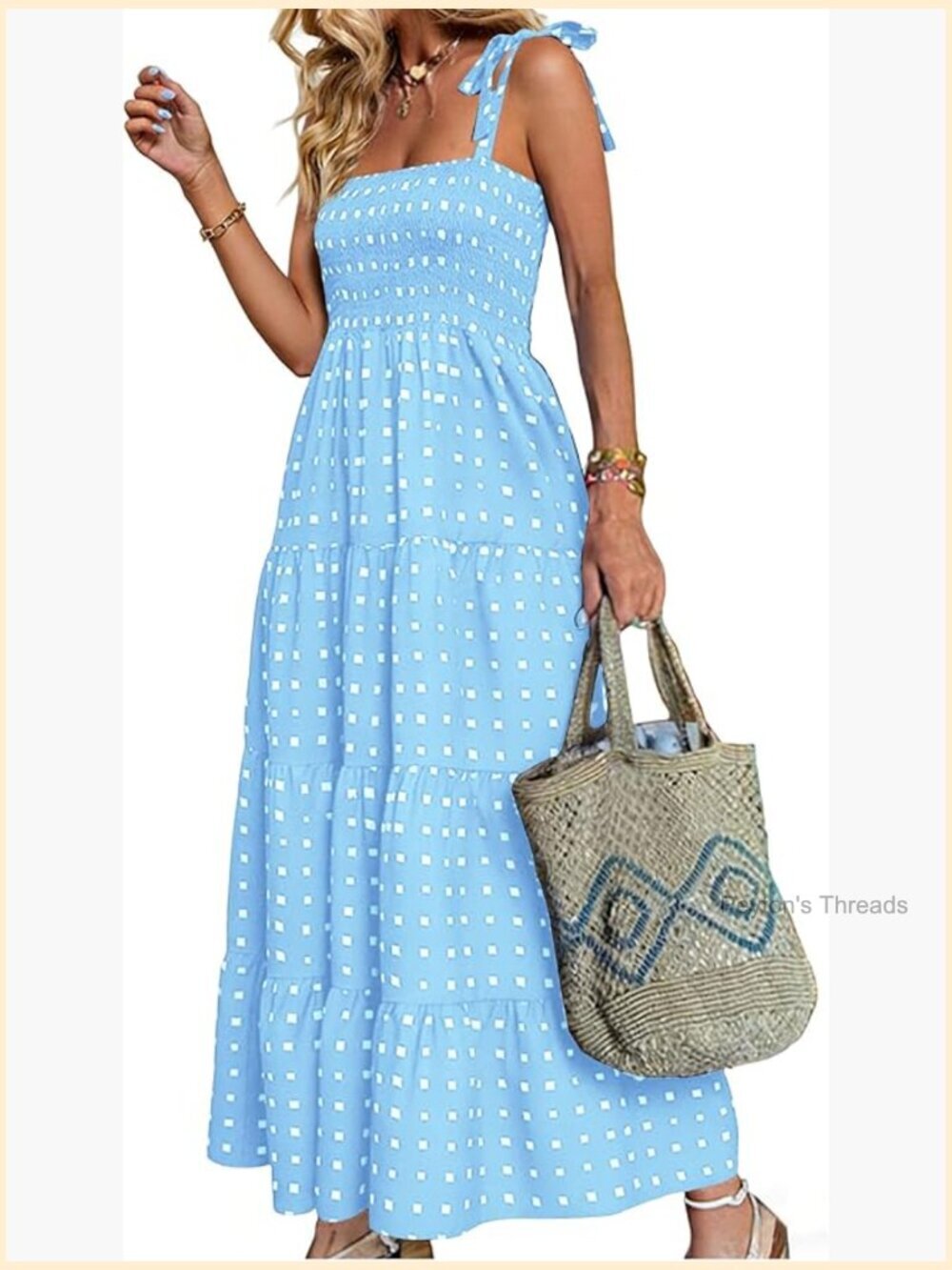 Tie Shoulder Maxi Sundress Smocked Bodice A-Line Beach Vacation Dress